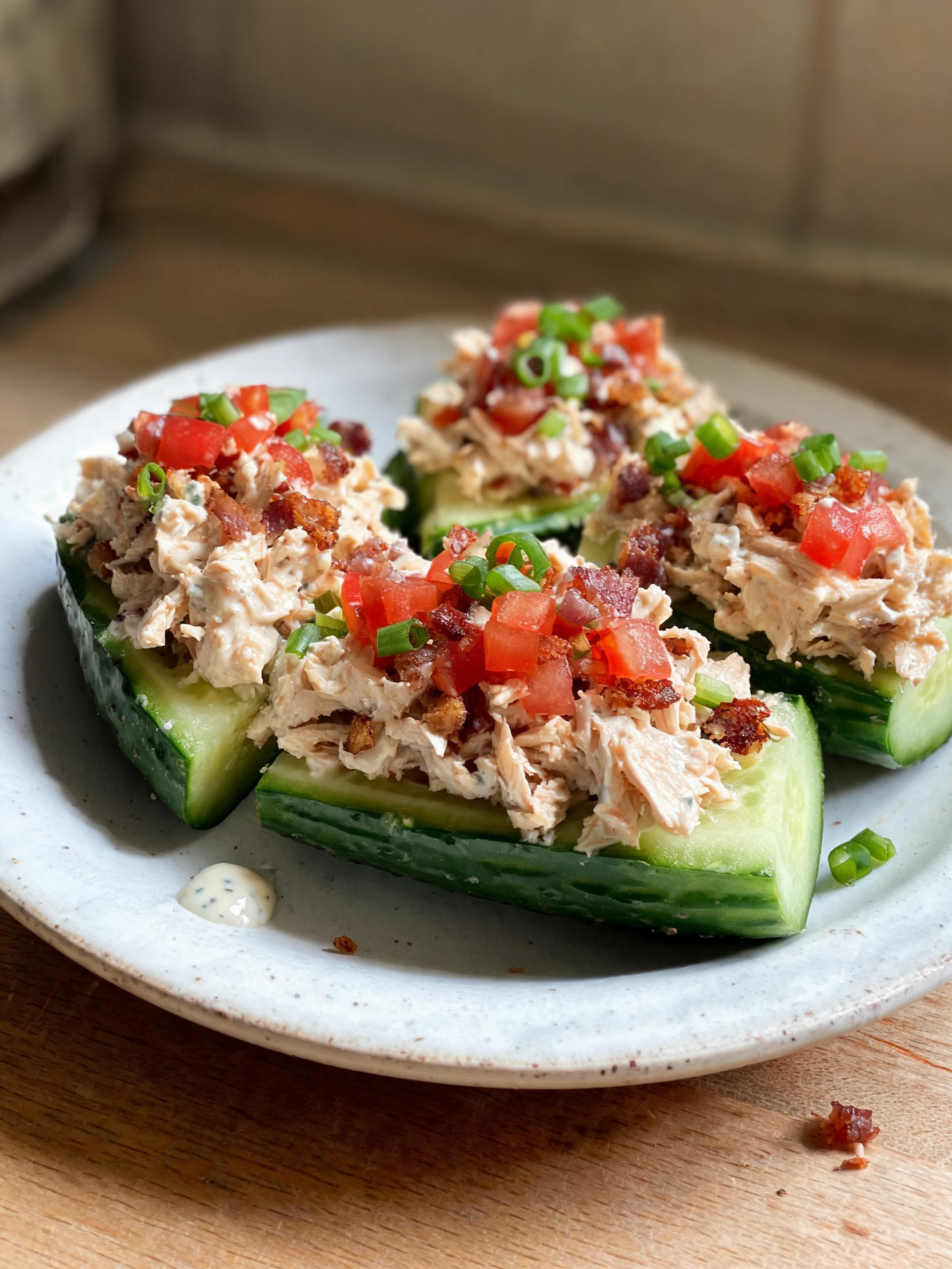 Crispy Bacon Ranch Chicken Salad Cucumber Boats