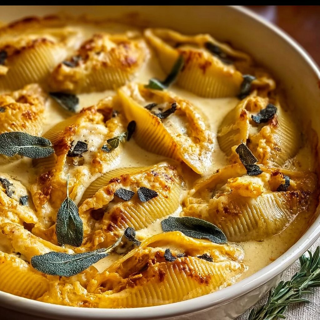 Pumpkin Gouda Stuffed Shells in Brown Butter Sage Alfredo Sauce