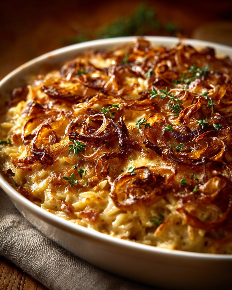 French Onion Chicken Orzo Casserole