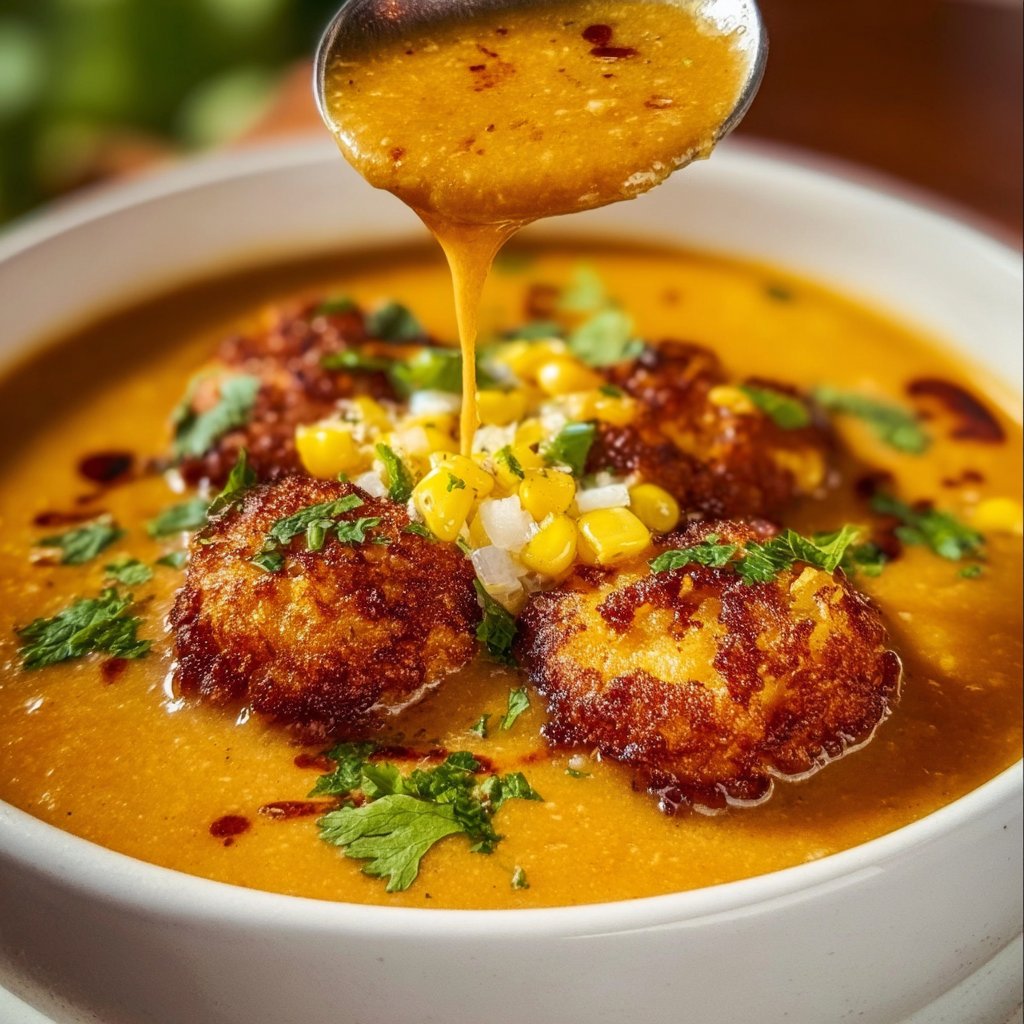 Creamy Tarascan Soup with Crispy Jalapeño Corn Fritters