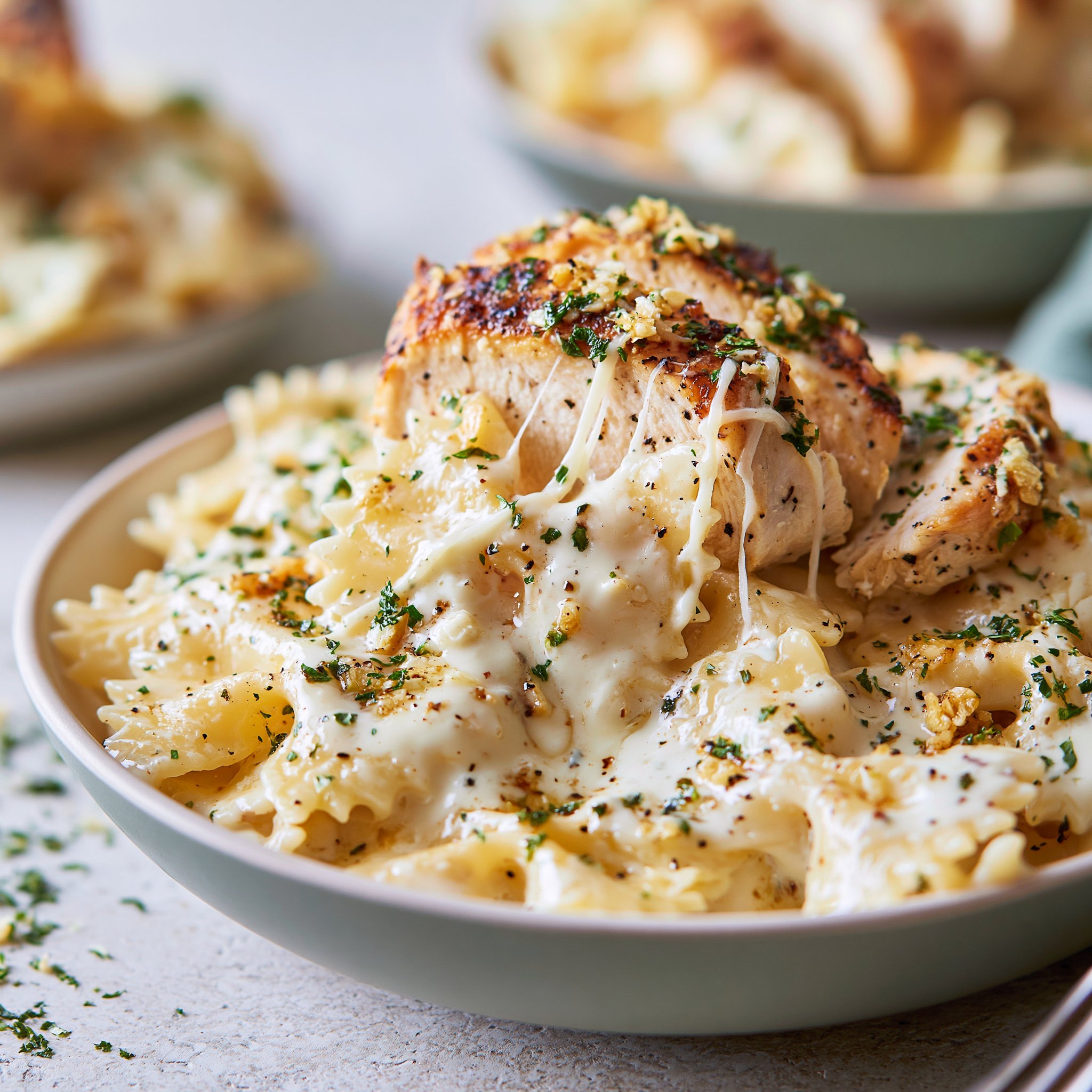 Mozzarella Garlic Butter Chicken Bowties in Cheesy Cream