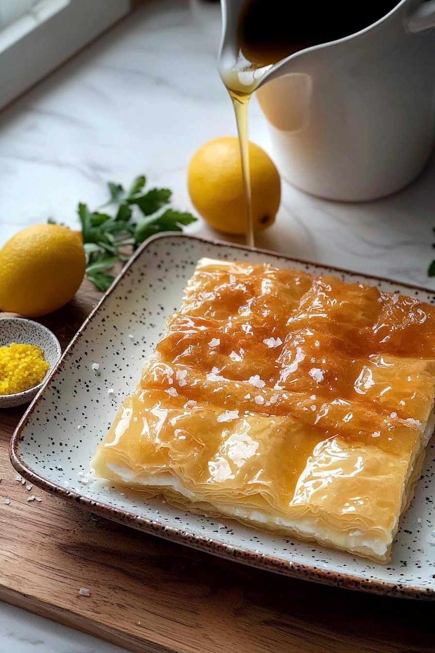Traditionelles griechisches Galaktoboureko mit Zitrussirup