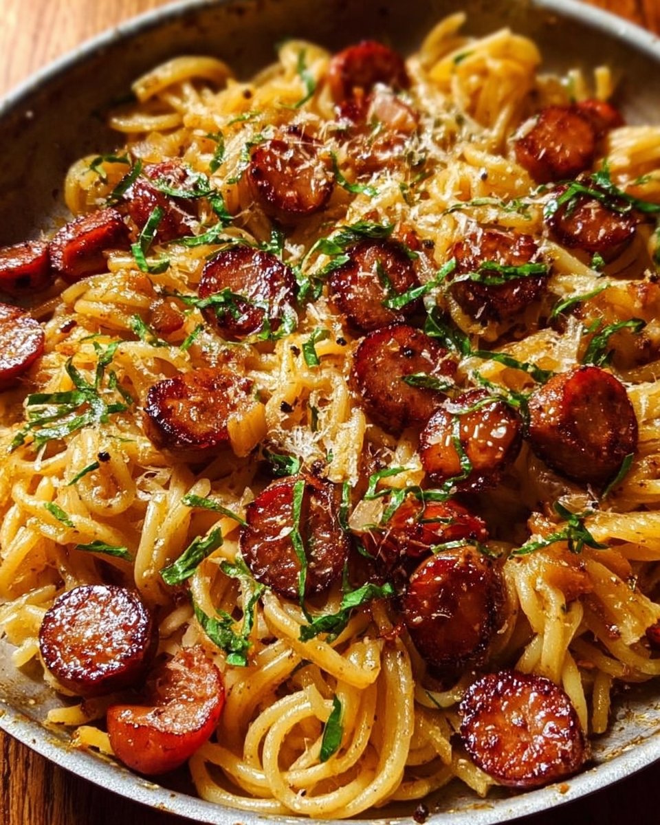 Sticky Honey Garlic Sausage Pasta Skillet