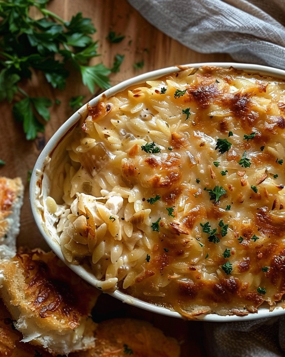 Creamy Caramelized Onion Chicken Orzo Bake with Gruyère