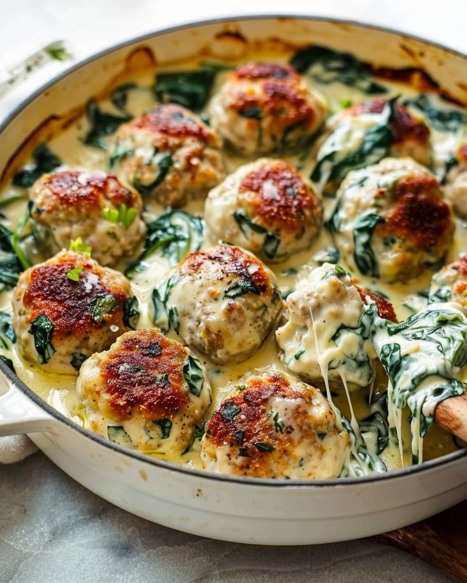 Baked Chicken Ricotta Meatballs with Spinach Alfredo Sauce
