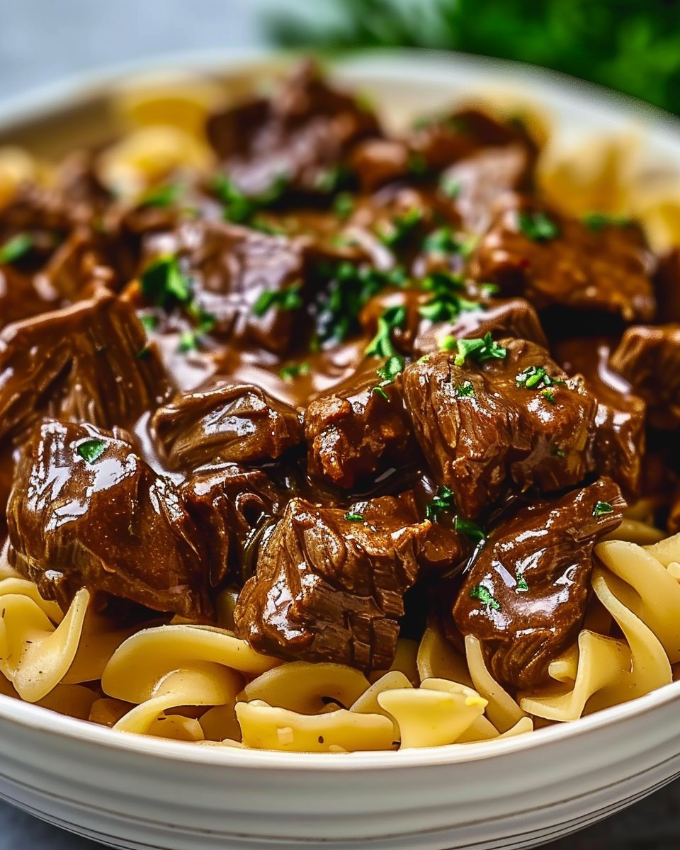 Easy Crockpot Beef Tips & Noodles
