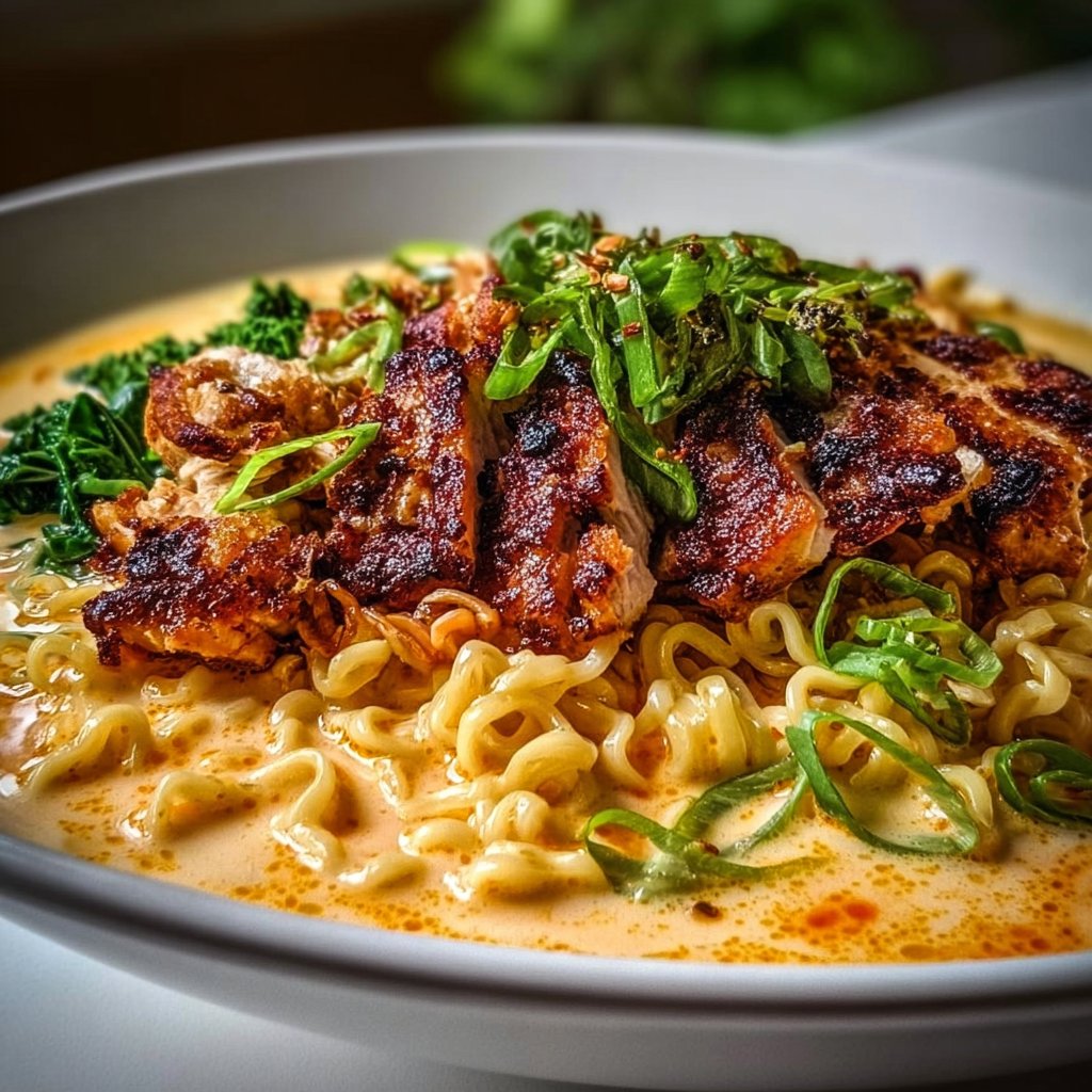 Fiery Chicken Ramen with Creamy Garlic Sauce Recipe Delight
