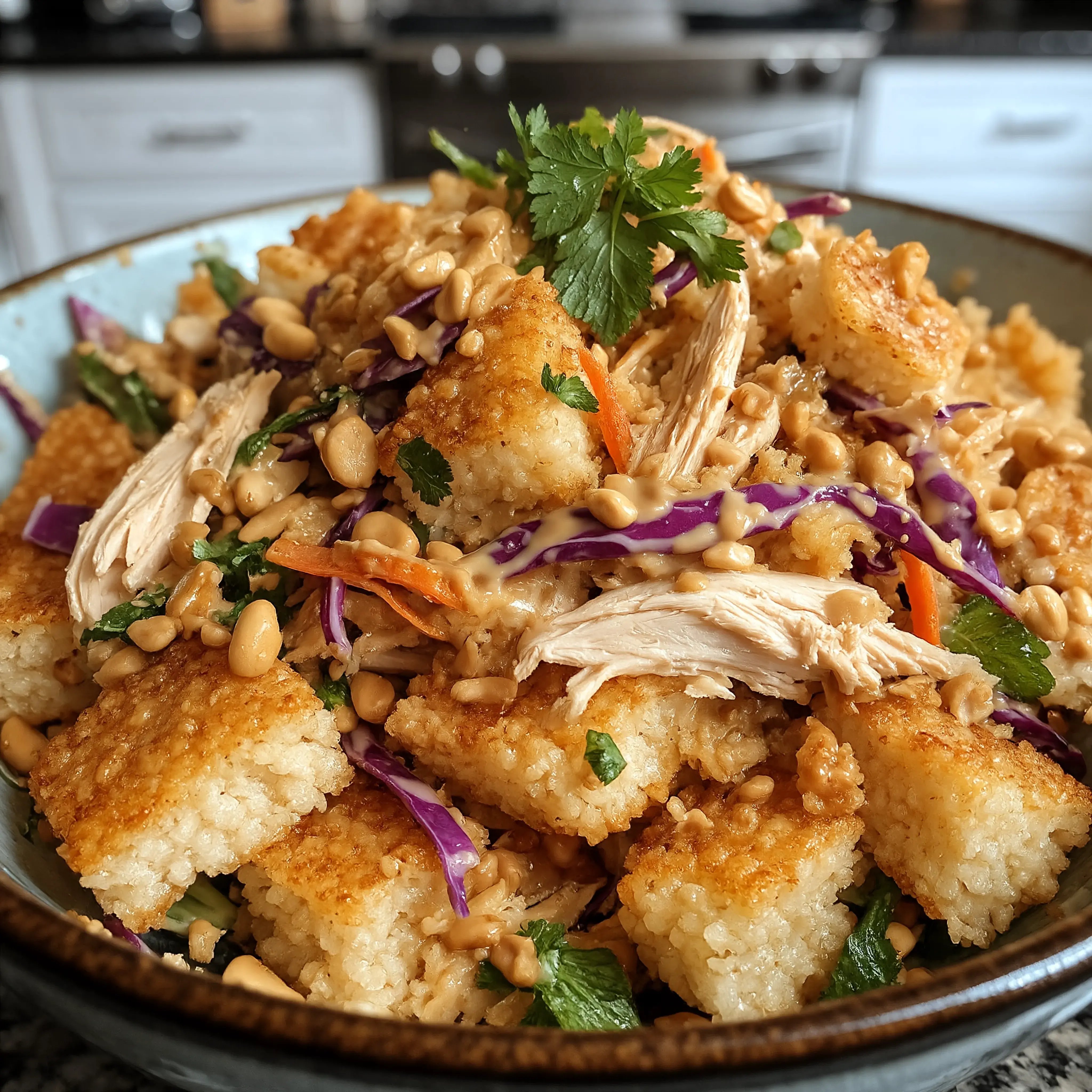 Chicken Crispy Rice Salad with Peanut Dressing