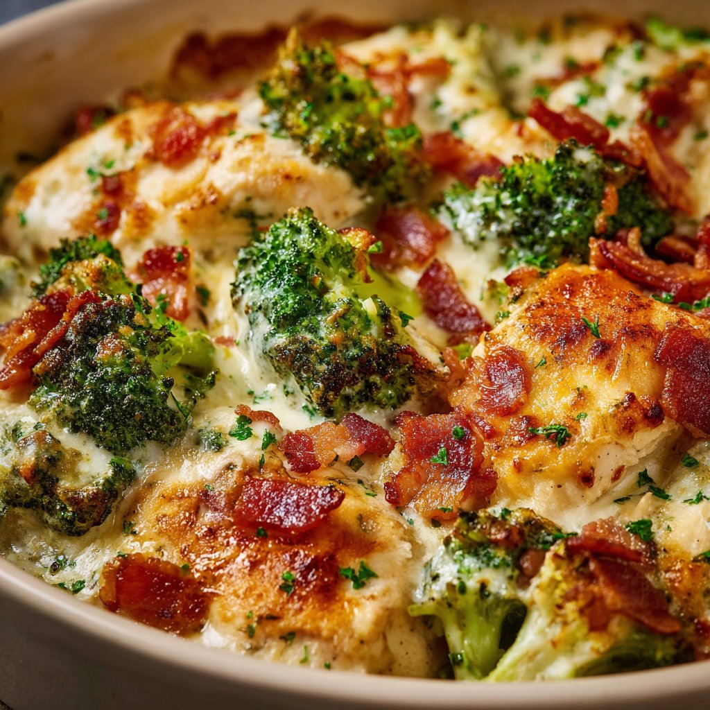 Creamy Low Carb Chicken Casserole with Broccoli and Bacon