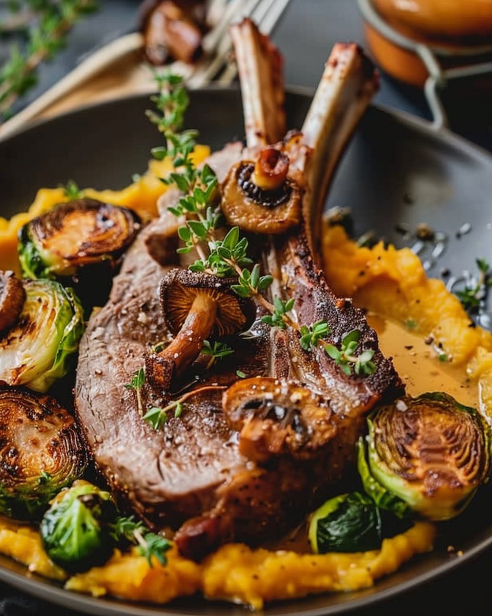 Spiced Lamb Rack with Butternut Squash Purée, Roasted Mushrooms & Brussels Sprouts