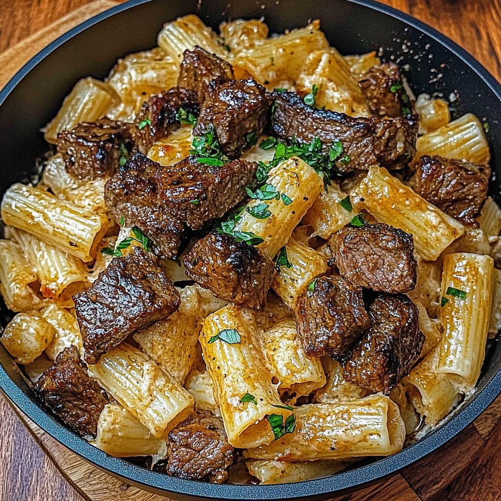 Cajun Steak Tips with Cheesy Rigatoni