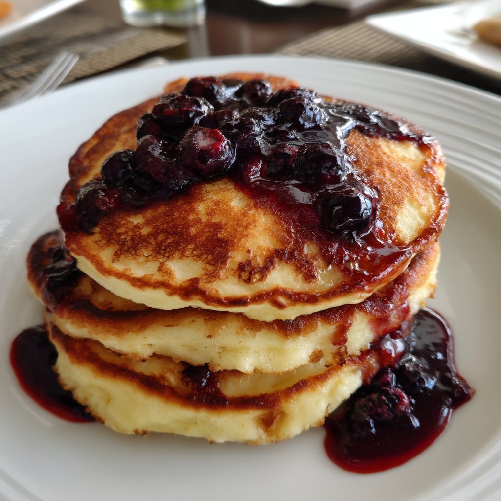 Fluffy Ricotta Pancakes with Blueberry Syrup