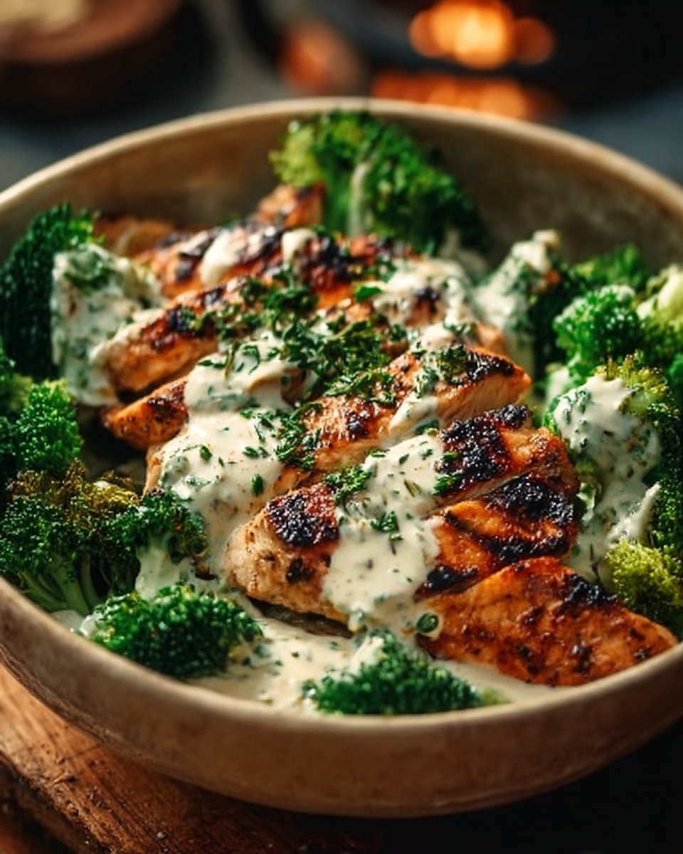 Grilled Chicken & Broccoli Bowls with Creamy Garlic Sauce