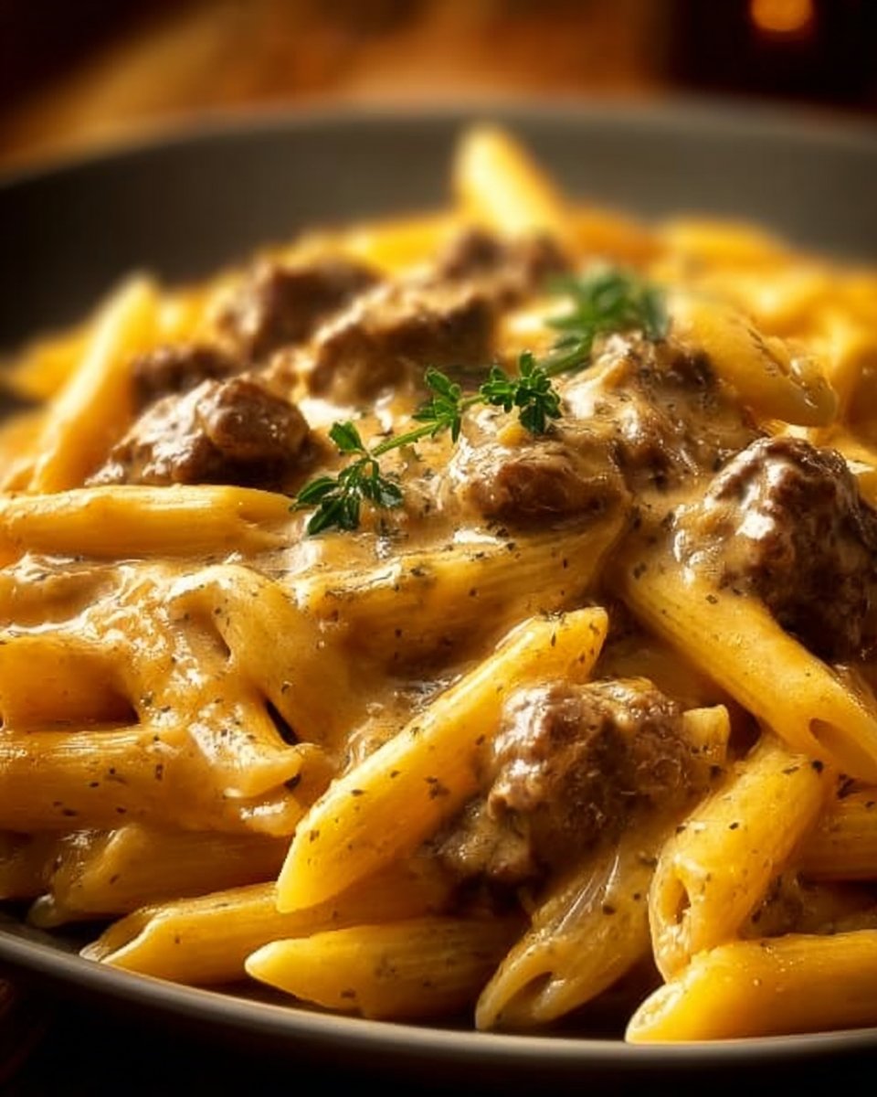 Creamy Velveeta Beef Stroganoff and Penne Pasta