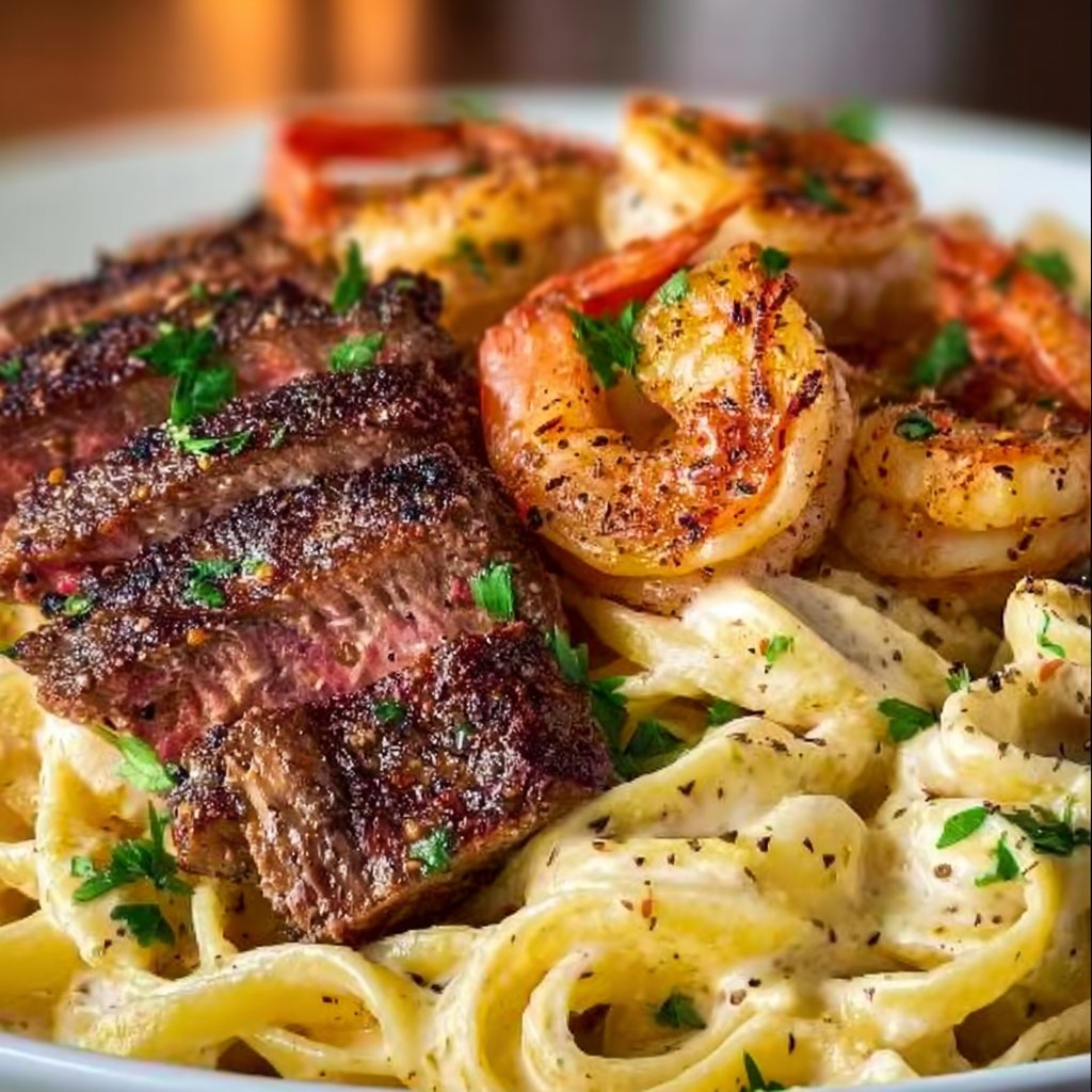Blackened Steak and Shrimp Alfredo