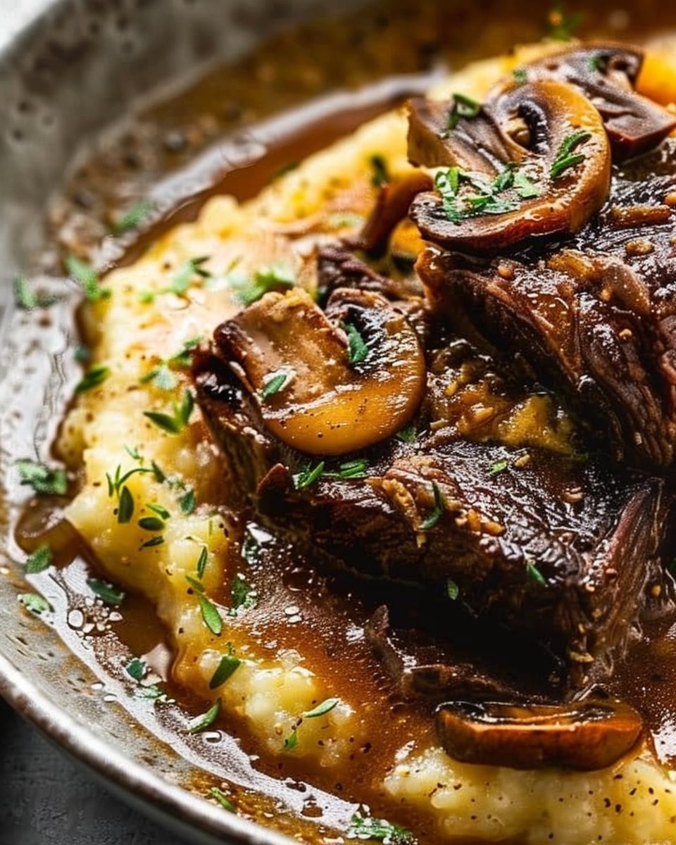 Slow-Braised Beef Short Ribs with Mushrooms & Creamy Cheddar Grits