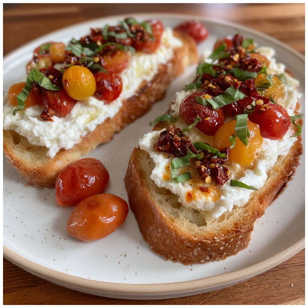 Savory Whipped Ricotta Toast with Chili Crisp Tomatoes