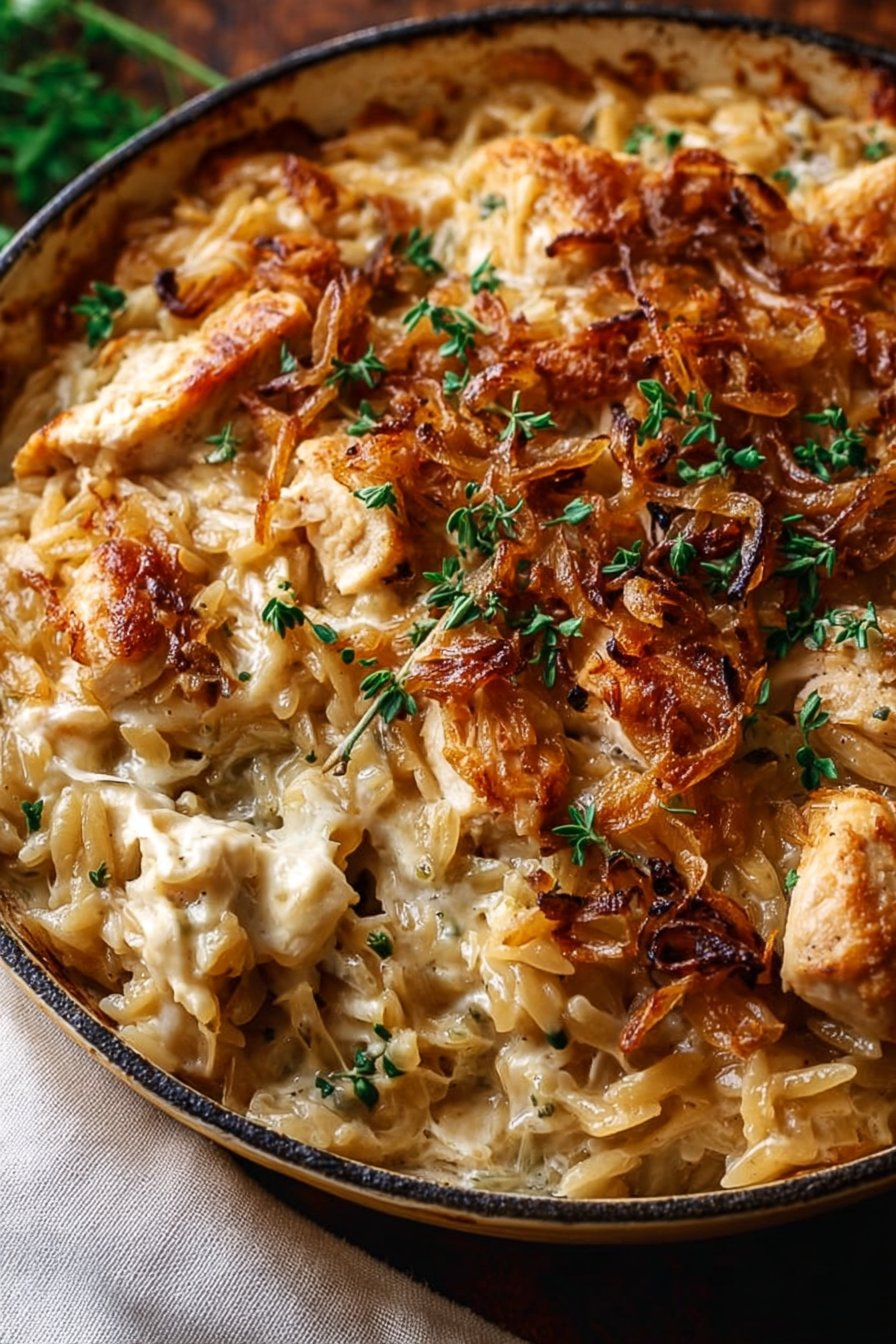 French Onion Chicken Orzo Casserole