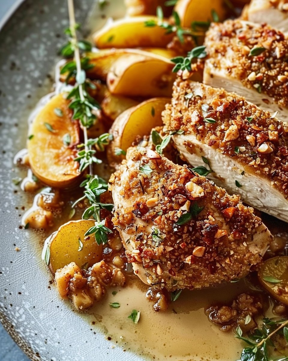 Walnut-Herb Crusted Chicken with Apple Cider Pan Sauce