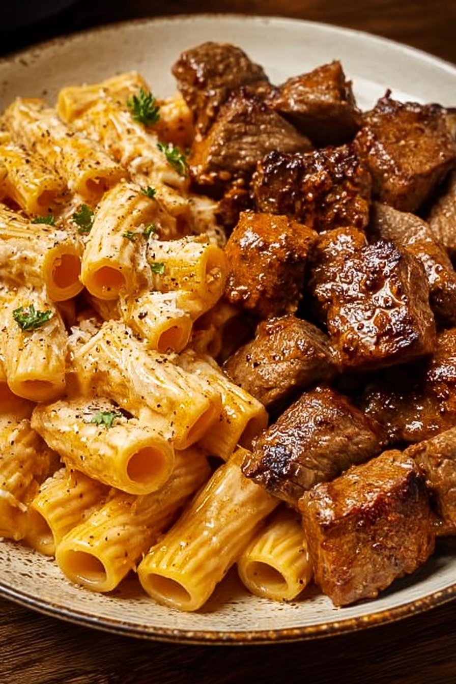 Cajun Steak Tips with Creamy Parmesan Rigatoni