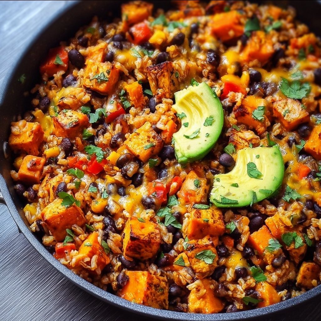This easy, one pan, Southwest Sweet Potato, Black Bean and Rice Skillet is a hearty and … | Vegetarian recipes dinner, Healthy vegetarian dinner, Healthy vegetarian