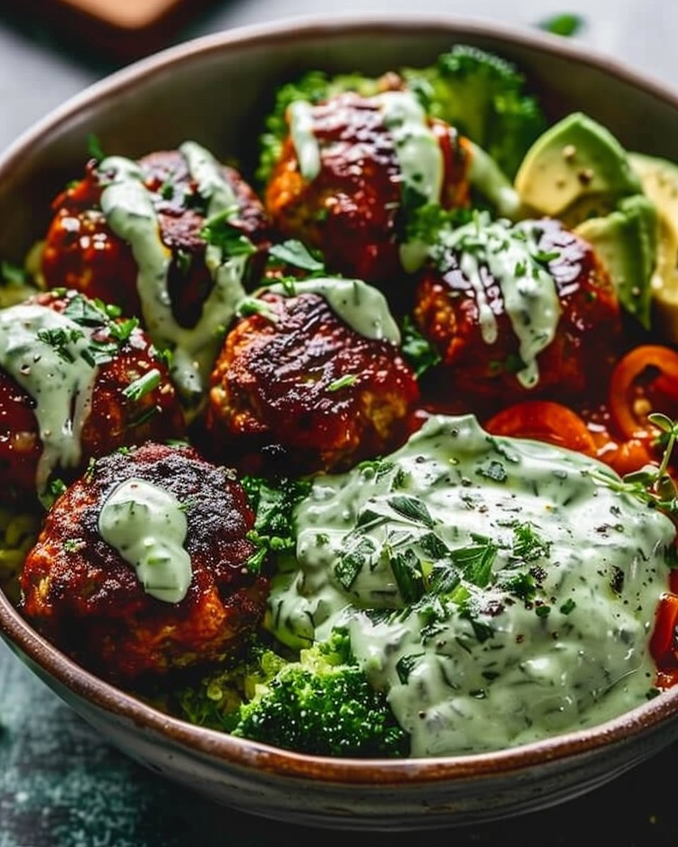 Barbecue Meatball Bowls with Avocado Goddess Sauce 1 Barbecue Meatball Bowls with Avocado Goddess Sauce