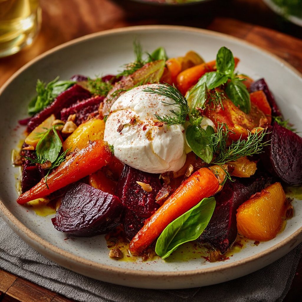 Roasted Beets and Carrots Salad with Burrata