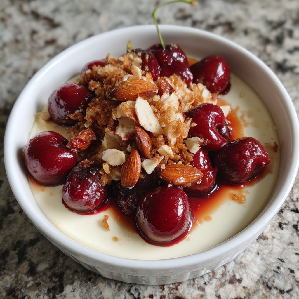 Cherry Vanilla Panna Cotta with Almond Crunch