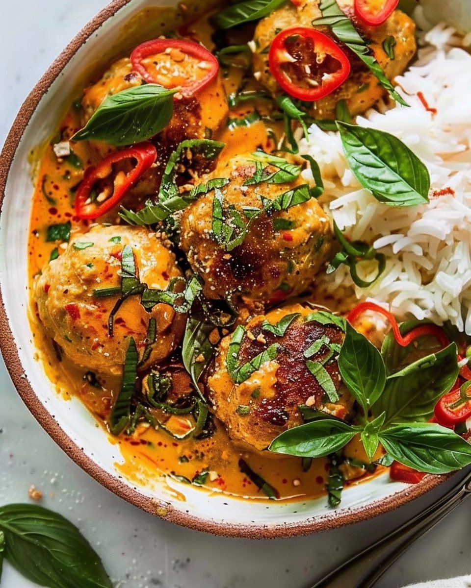Thai Red Curry Chicken Meatballs with Coconut Sauce