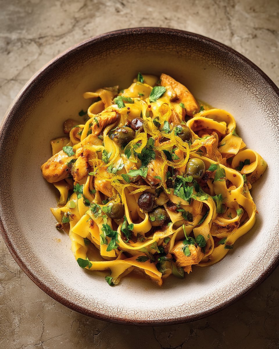 Tagliatelles with chicken, olives, and candied lemon