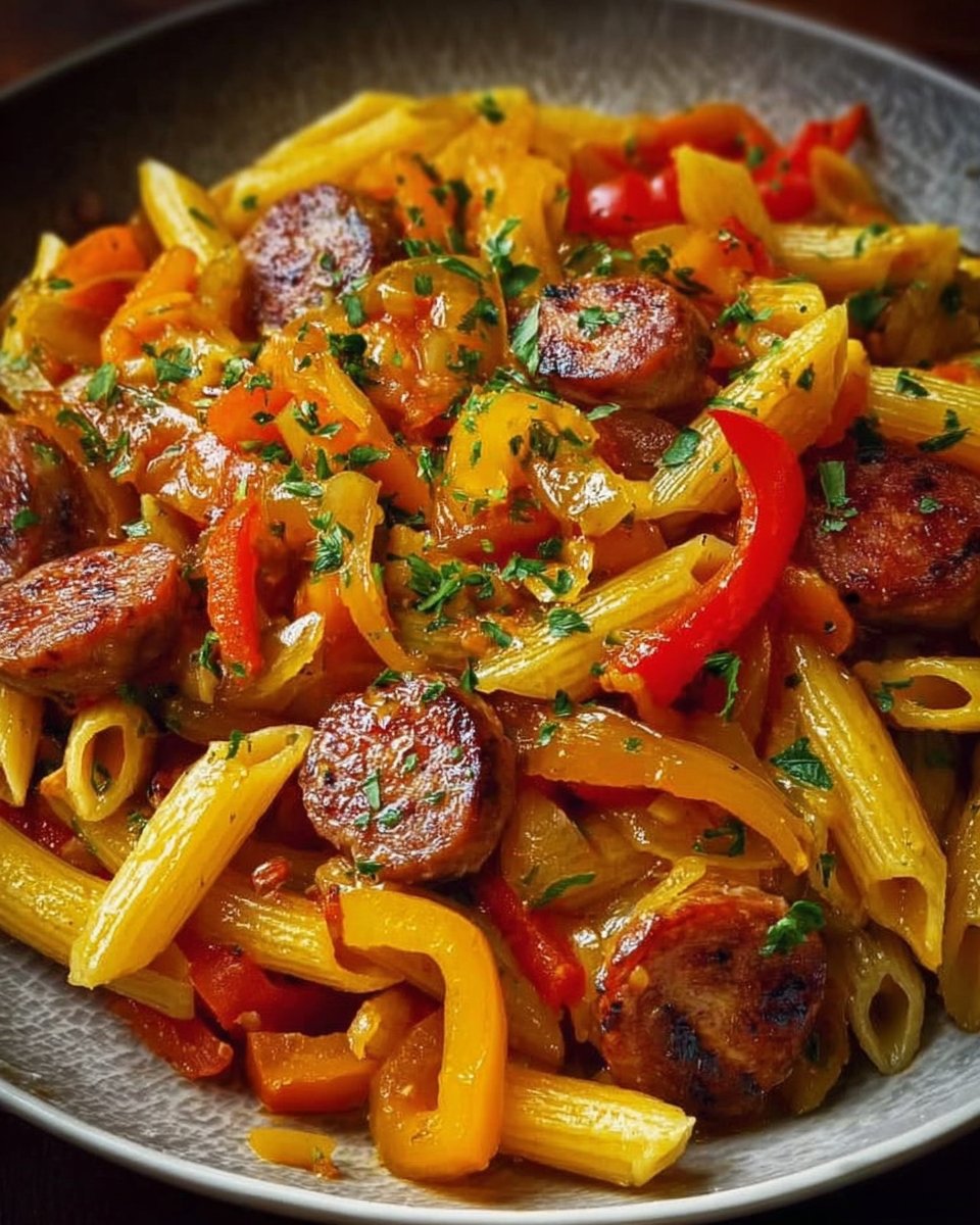 Penne with Smoky Sausage and Bell Peppers