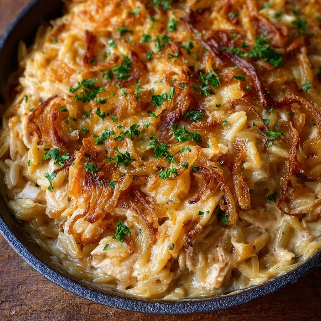 French Onion Chicken Orzo Casserole