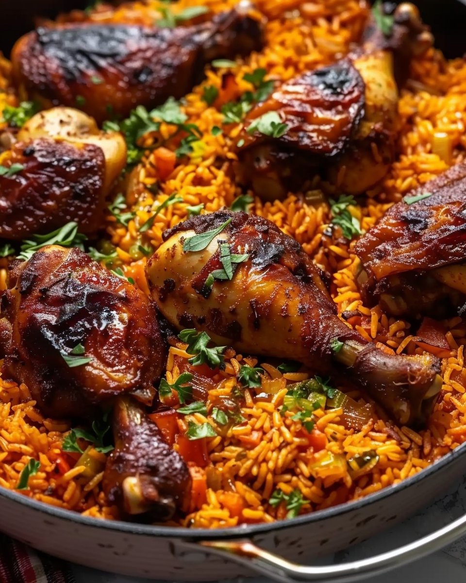 Baked Jollof Rice with Roasted Chicken