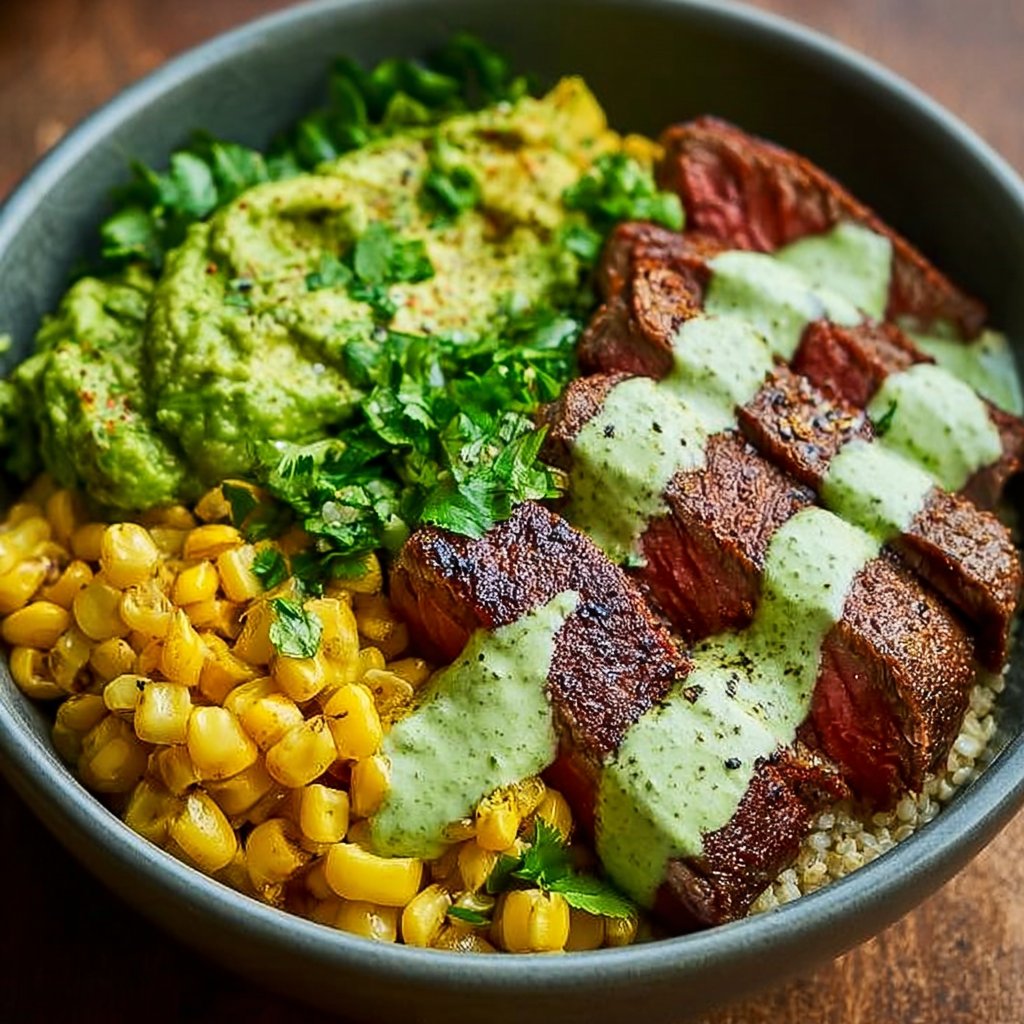 Steak Avocado Roasted Corn Bowl with Cilantro Cream Sauce
