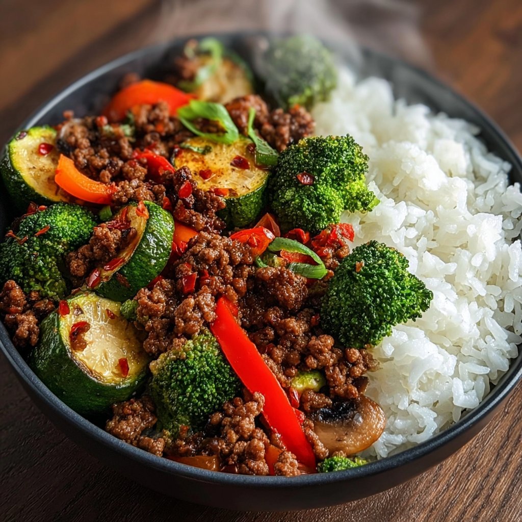 Spicy Ground Beef Stir-Fry Bowl with Garlic Veggies & Steamy Rice