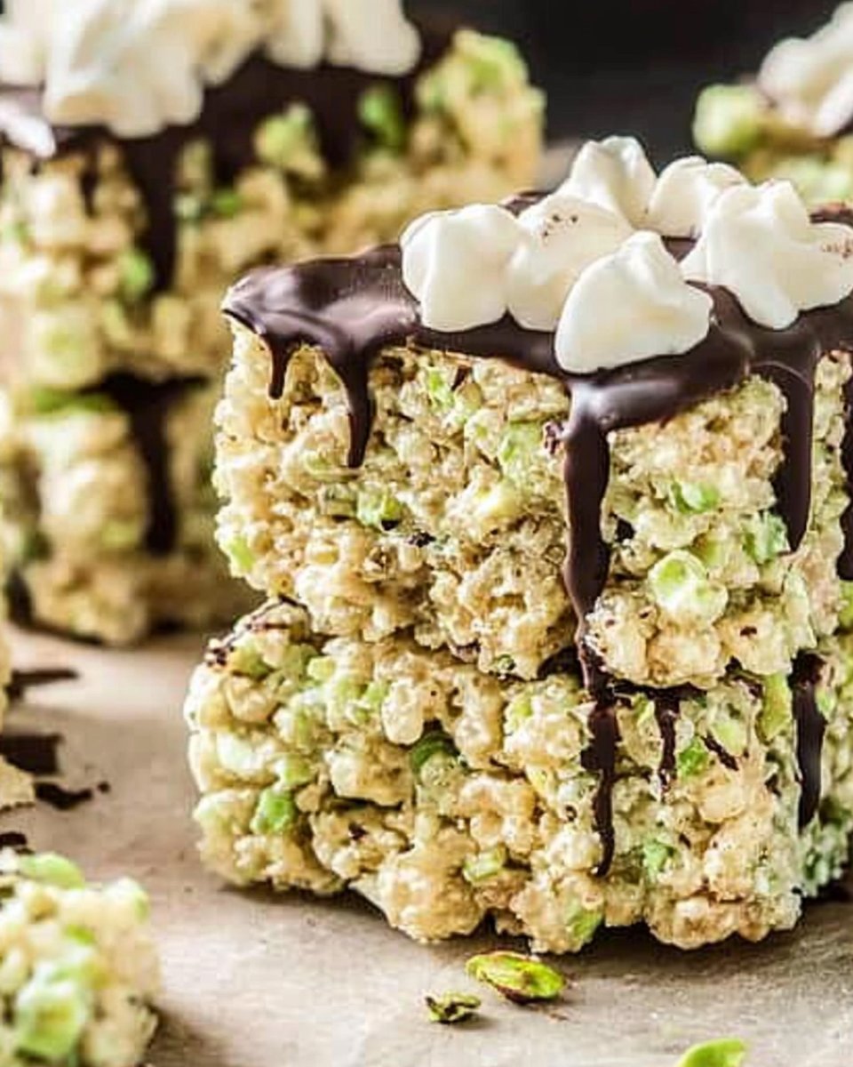 Pistachio Rice Krispie Treats with Dark Chocolate