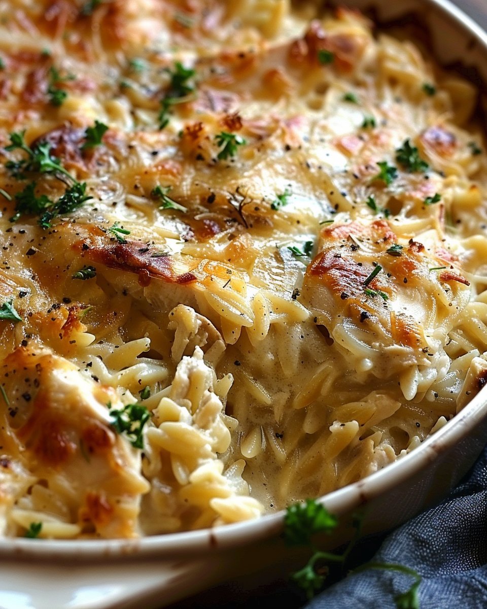 Creamy Caramelized Onion Chicken Orzo Bake with Gruyère