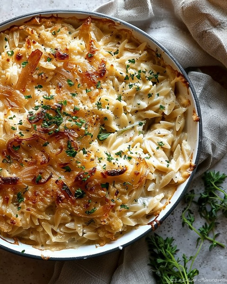 Creamy Caramelized Onion Chicken Orzo Bake with Gruyère