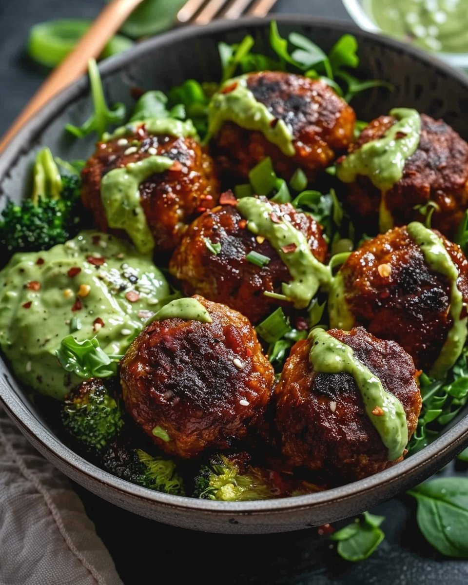 Barbecue Meatball Bowls with Avocado Goddess Sauce 2 Barbecue Meatball Bowls with Avocado Goddess Sauce