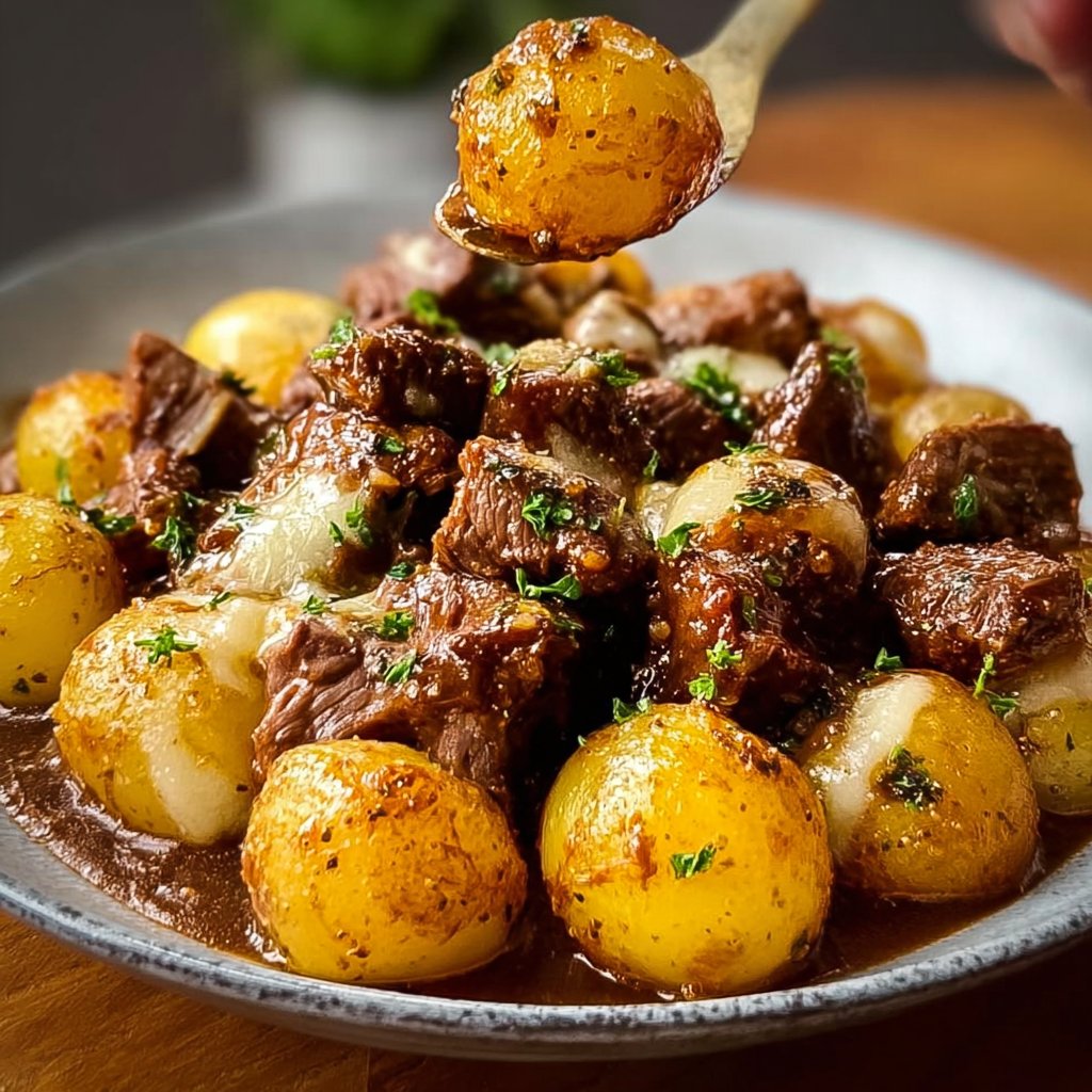 Slow Cooker Garlic Butter Beef Bites & Potatoes