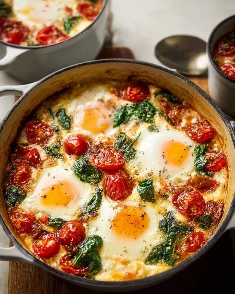 Baked Feta Eggs with Tomatoes and Spinach