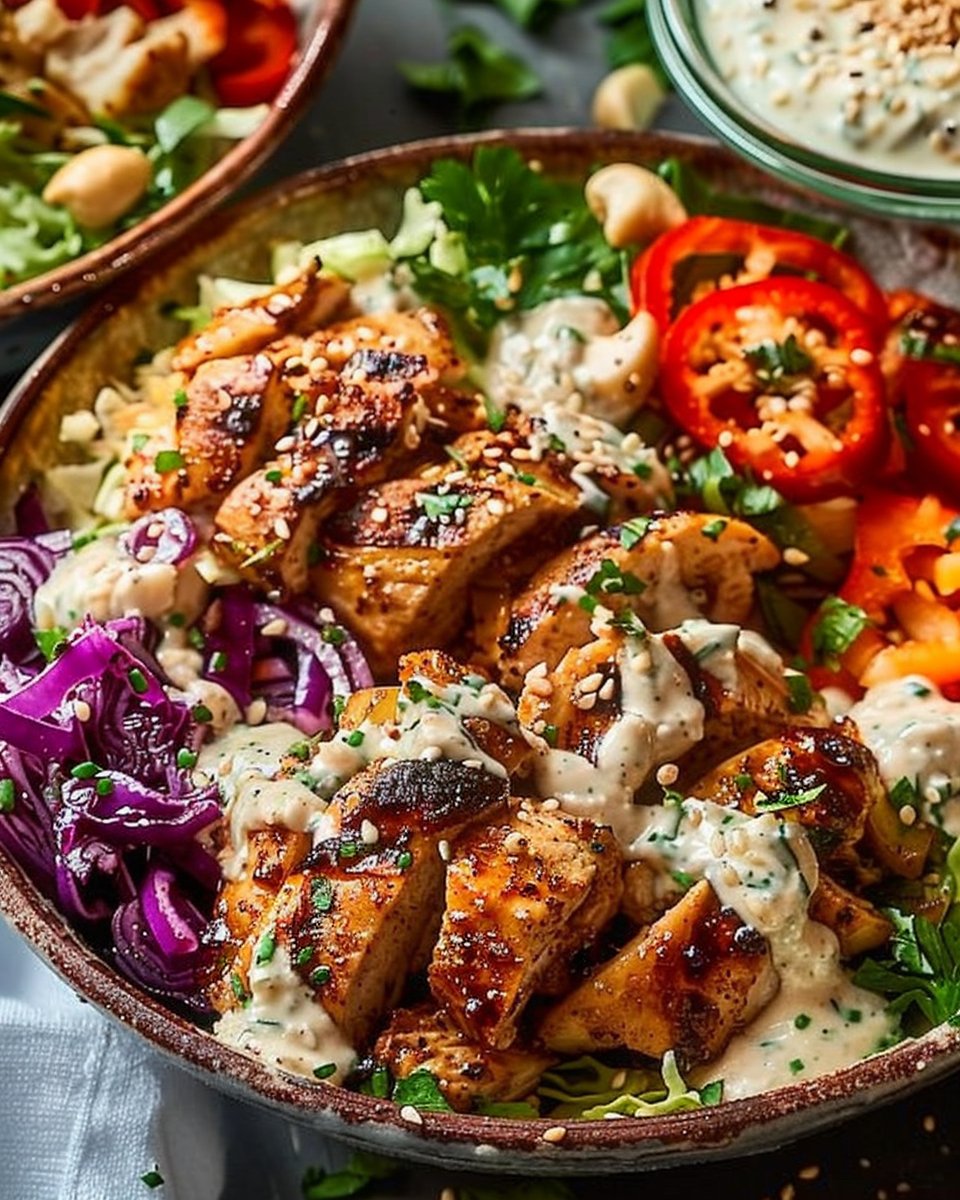 Mediterranean Chicken Bowls with Roasted Red Peppers, Cabbage & Ginger Tahini
