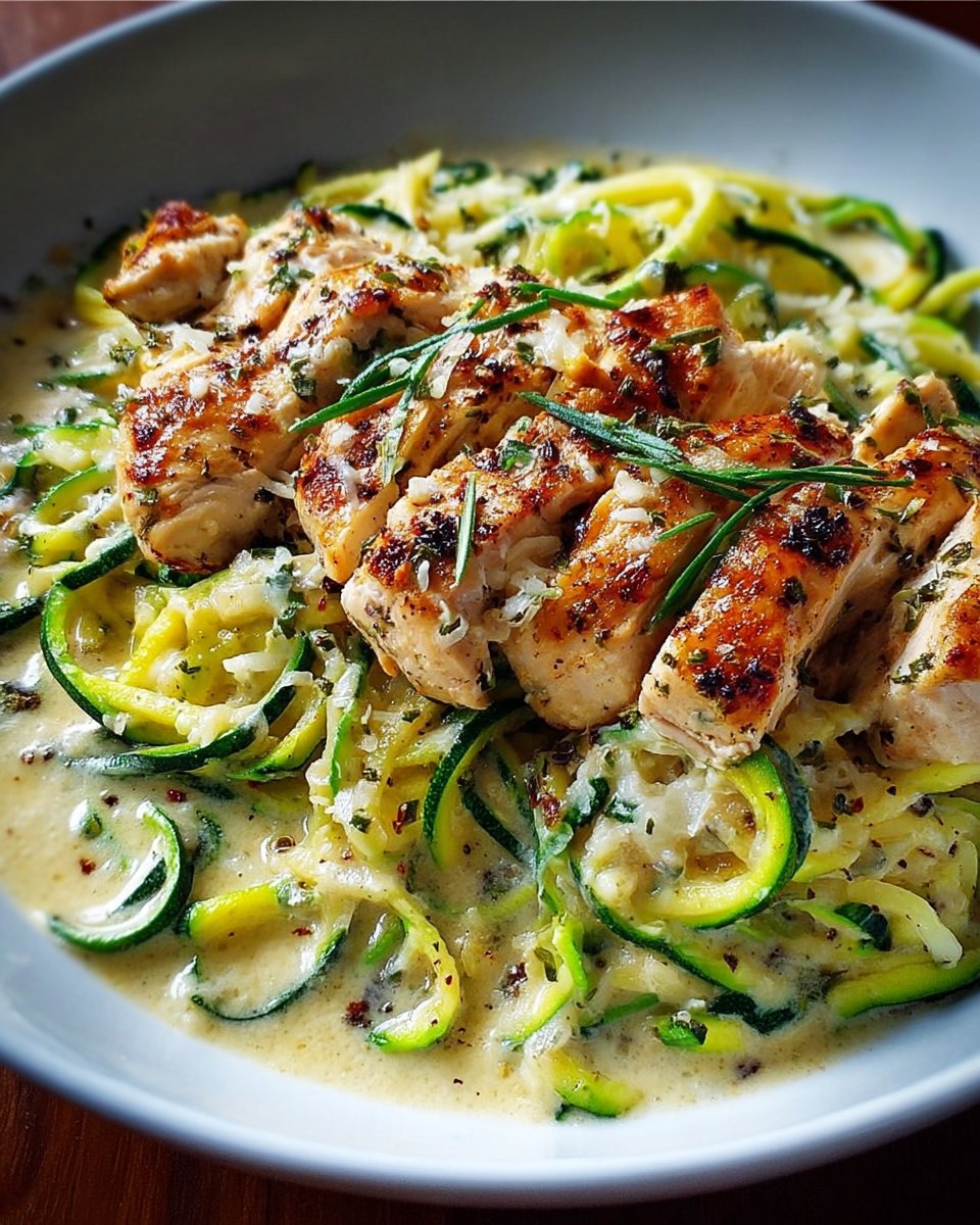 Protein- und Gemüsehause Zucchini-Nudeln mit Hühnchen Alfredo