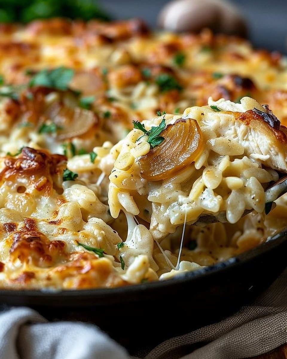 Creamy Caramelized Onion Chicken Orzo Bake with Gruyère