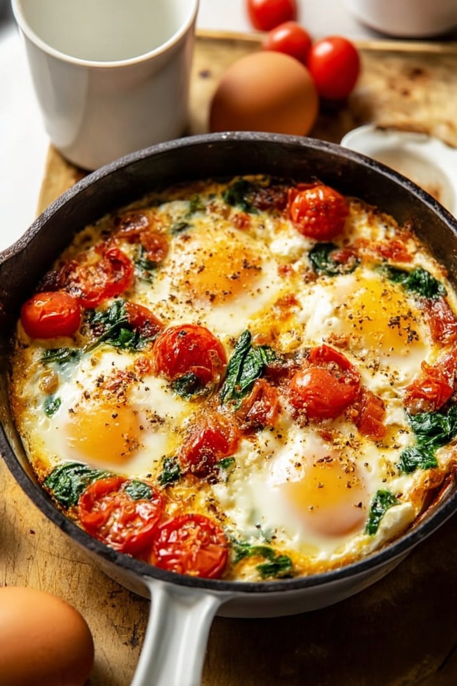 Baked Feta Eggs with Tomatoes and Spinach