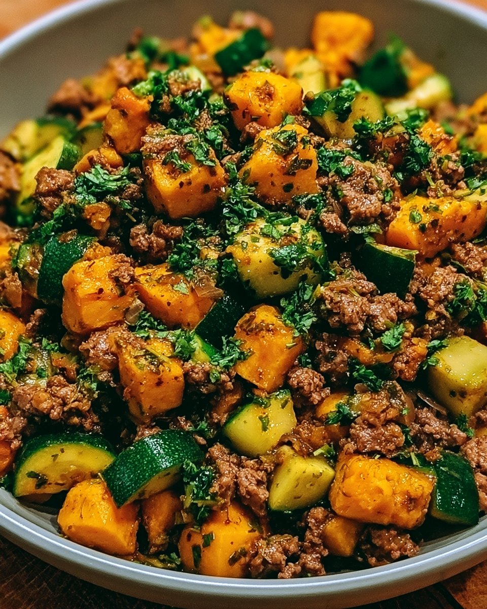 One-Pan Sweet Potato, Zucchini, and Ground Beef Skillet
