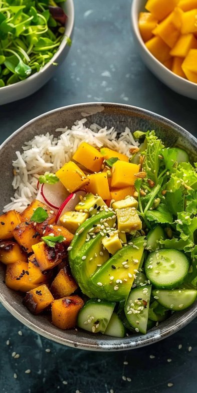 Buddha Bowl mangue avocat concombre