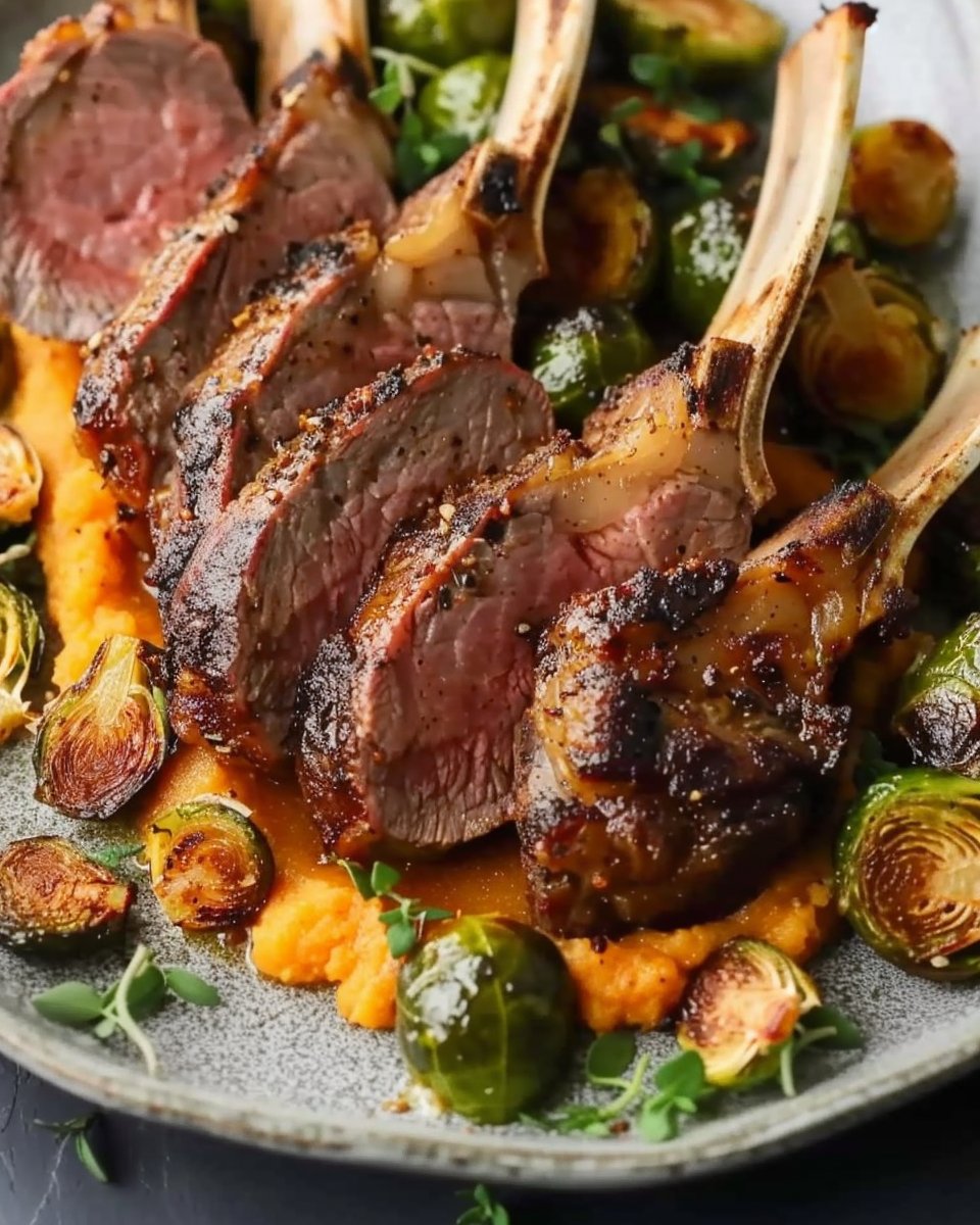 Spiced Lamb Rack with Butternut Squash Purée, Roasted Mushrooms & Brussels Sprouts