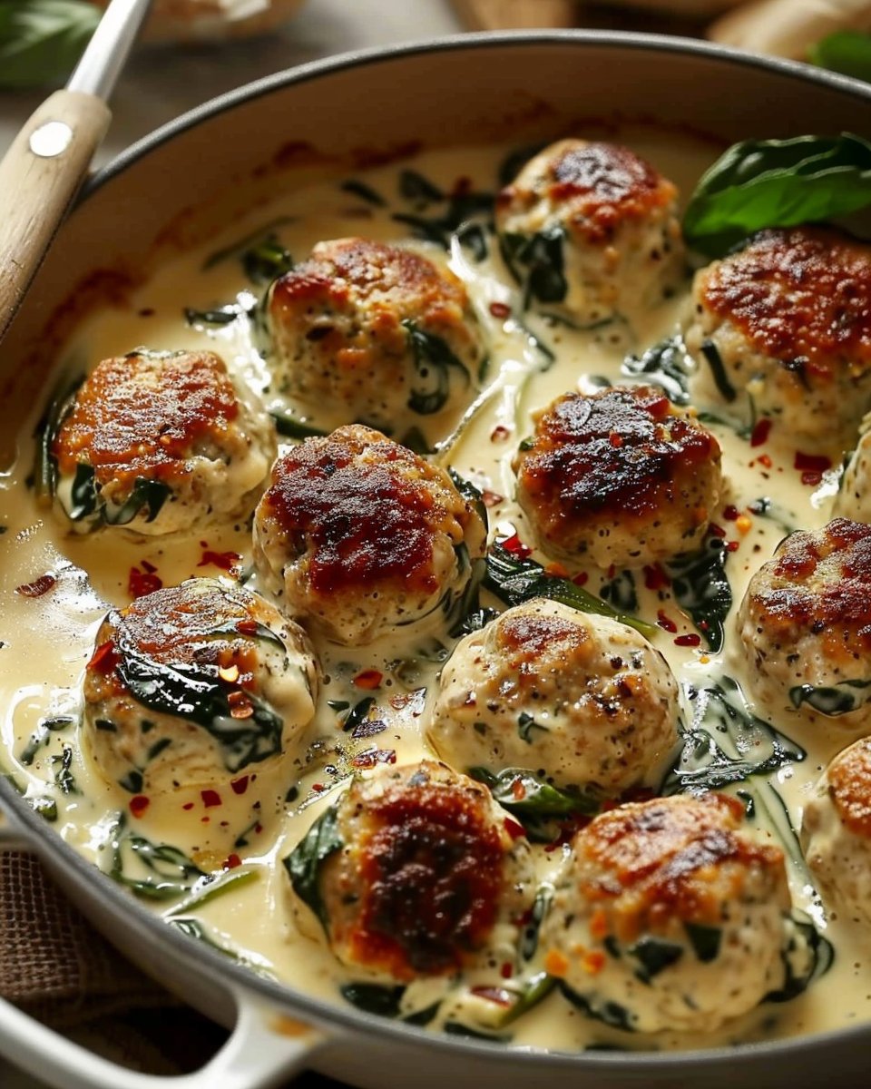 Baked Chicken Ricotta Meatballs with Spinach Alfredo Sauce