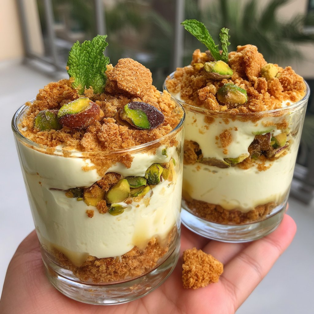 Pistachio Mascarpone Cream Cups with Crunchy Cookie Crumbs